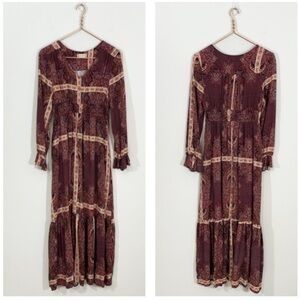 Altar’d State Large Brown Patterned Patchwork Long Sleeve Boho Midi‎ Dress